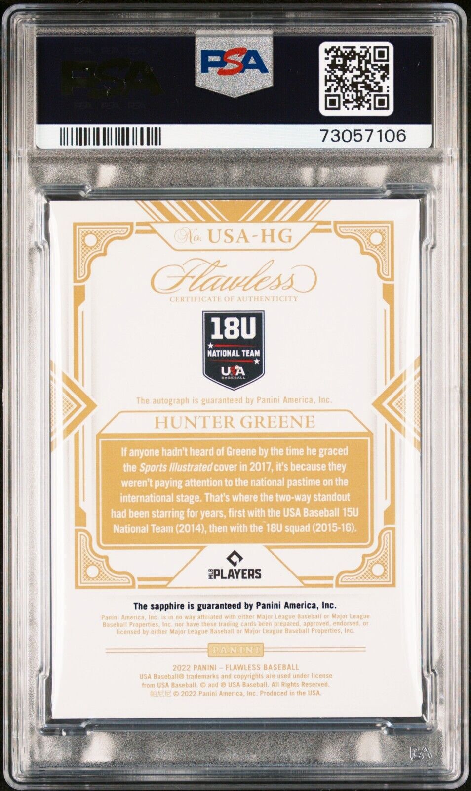 2022 Flawless HUNTER GREENE MLB USA Gems Sapphire Signatures On Card Auto PSA 8
