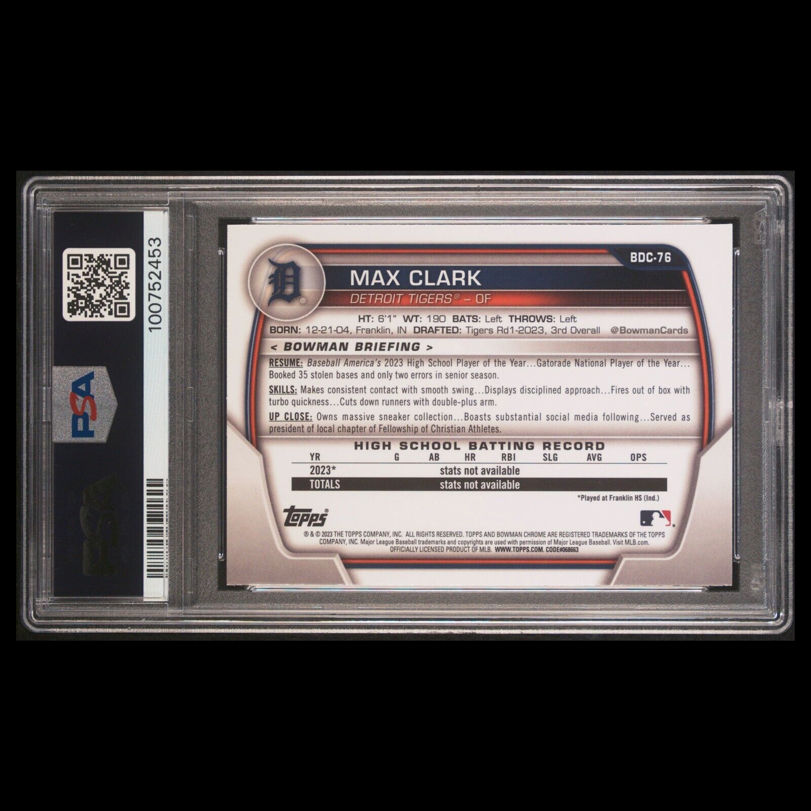 2023 Bowman Draft Chrome MAX CLARK 1st SP Sparkle Refractor Rookie RC PSA 10 GEM