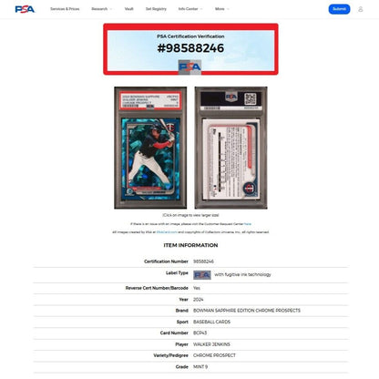 2024 Bowman Chrome Sapphire WALKER JENKINS 1st Bowman Refractor Rookie RC PSA 9