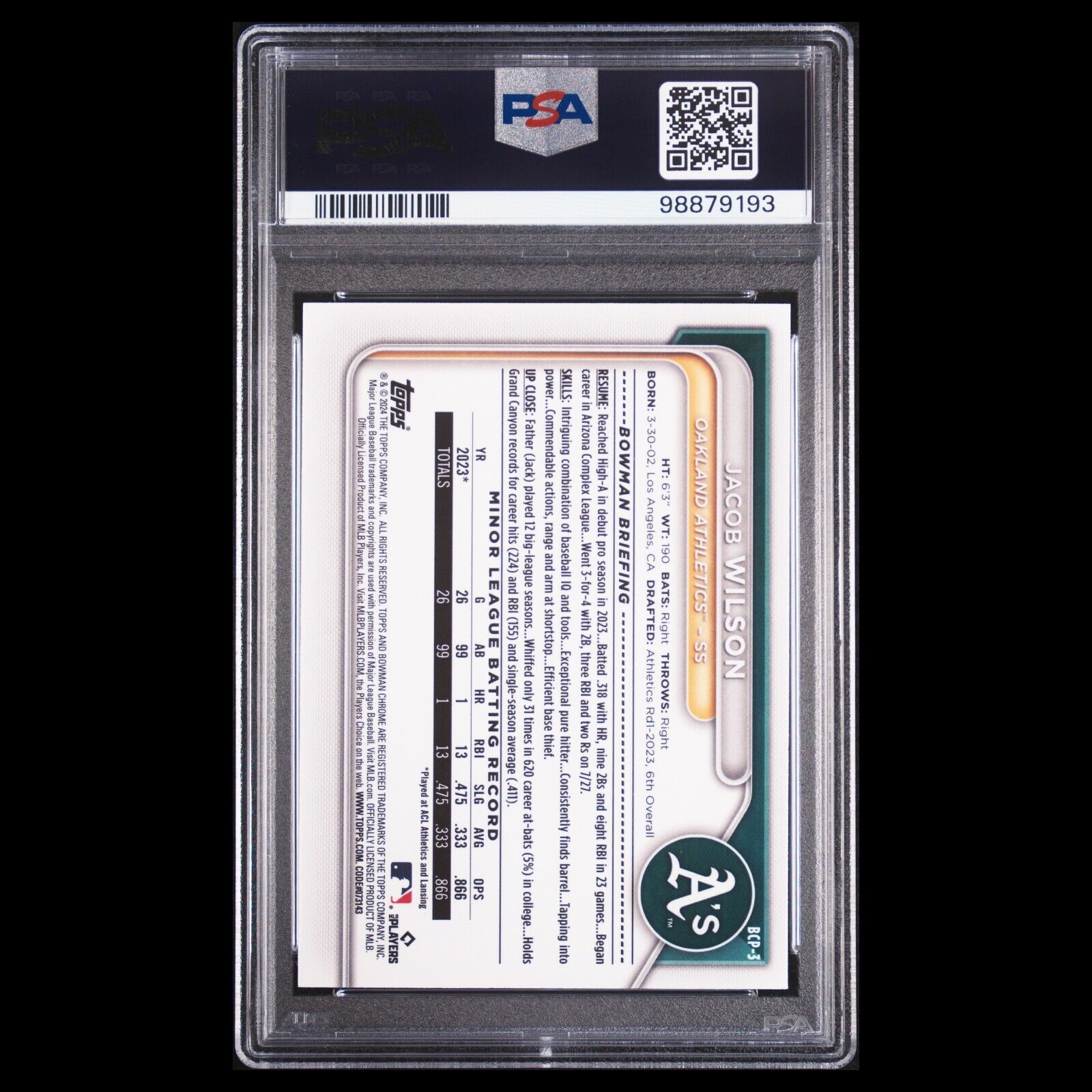 2024 Bowman Chrome Sapphire JACOB WILSON SP Yellow Sapphire Refractor RC PSA 9