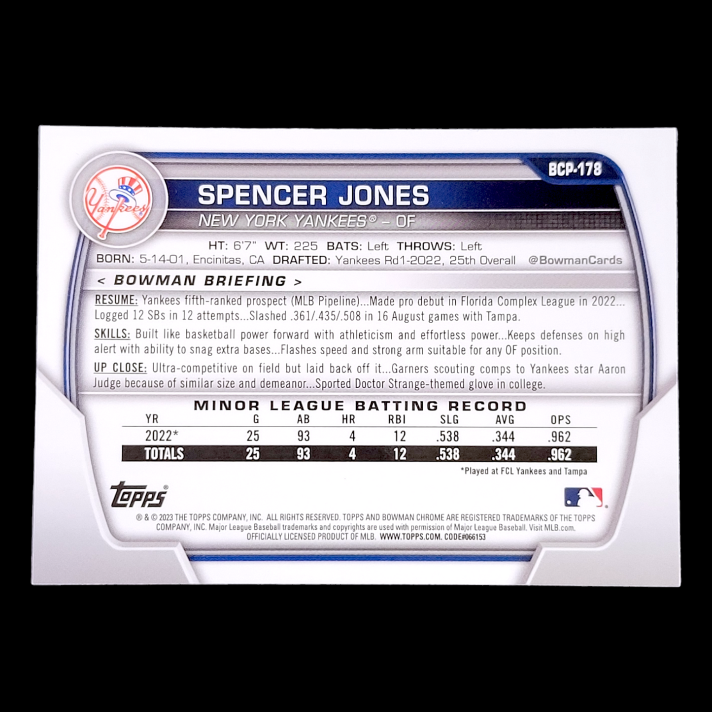 2023 Bowman Chrome Sapphire SPENCER JONES Yankees Rookie Prospect Blue #BCP-178