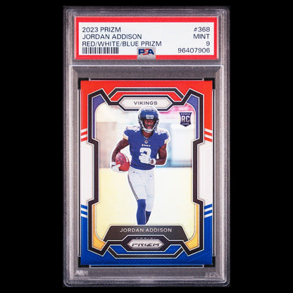 2023 Panini Prizm JORDAN ADDISON Vikings SP Red White Blue PRIZM Rookie RC PSA 9