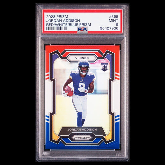 2023 Panini Prizm JORDAN ADDISON Vikings SP Red White Blue PRIZM Rookie RC PSA 9