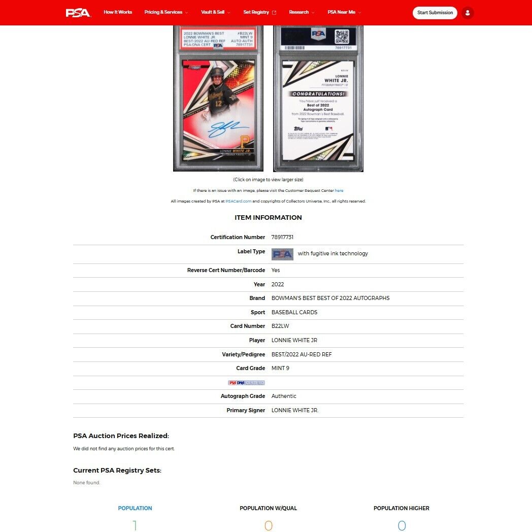 2022 Bowman's Best LONNIE WHITE SSP Red Refractor Rookie Card Auto /10 PSA 9