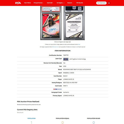 2022 Bowman's Best LONNIE WHITE SSP Red Refractor Rookie Card Auto /10 PSA 9