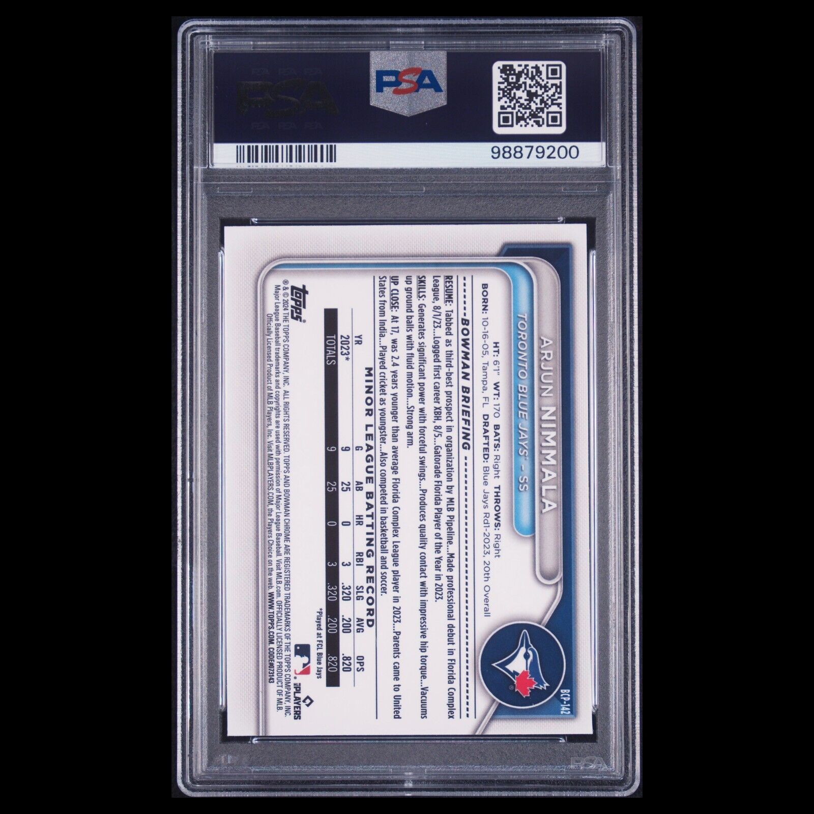 2024 Bowman Chrome Sapphire ARJUN NIMMALA 1st Bowman Refractor Rookie RC PSA 10