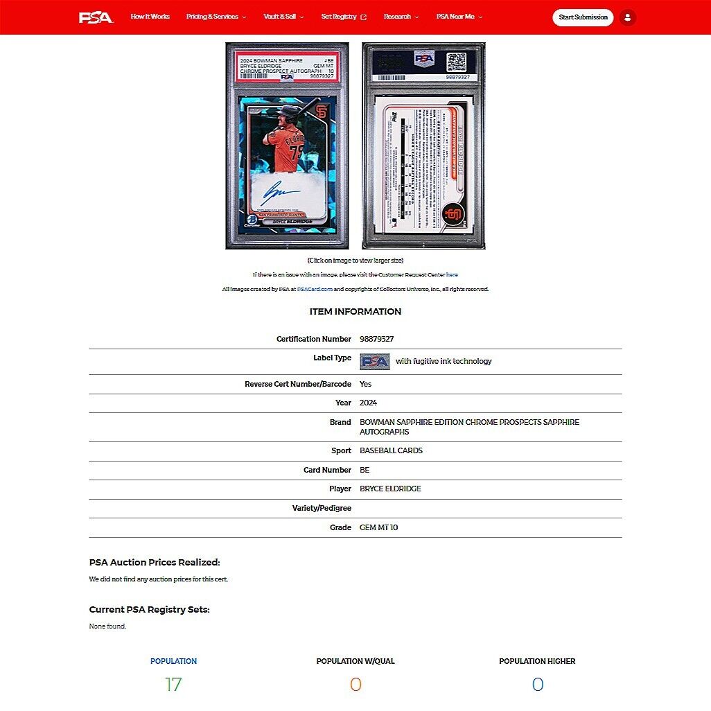 2024 Bowman Chrome Sapphire BRYCE ELDRIDGE Refractor On Card Rookie Auto PSA 10
