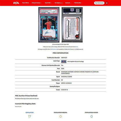 2024 Bowman Chrome Sapphire BRYCE ELDRIDGE Refractor On Card Rookie Auto PSA 10