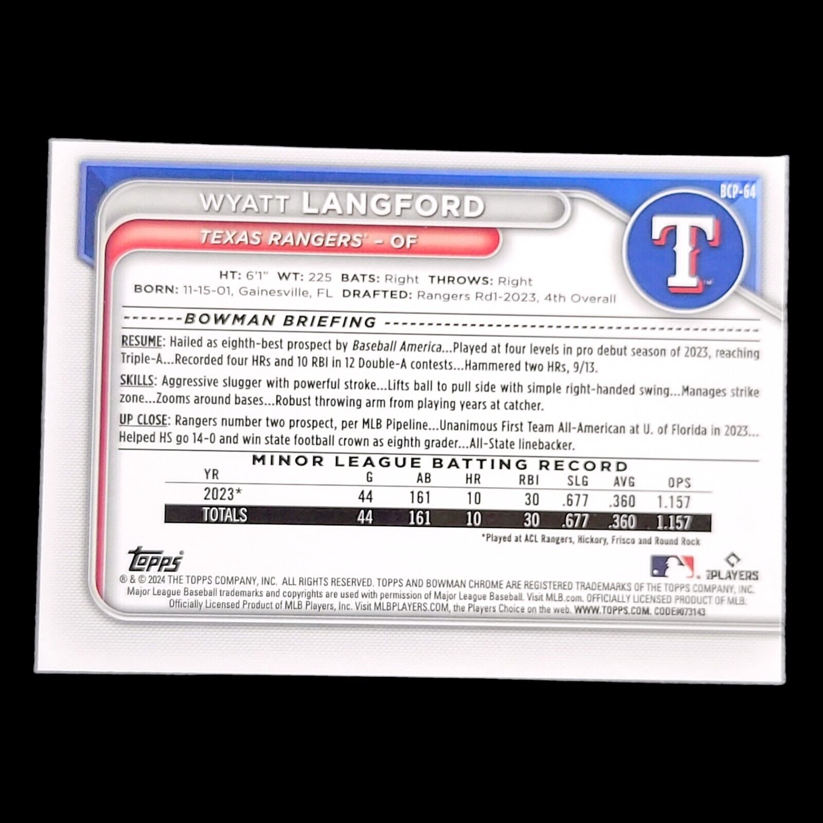 2024 Bowman Chrome Sapphire WYATT LANGFORD Blue Sapphire Refractor Rookie RC