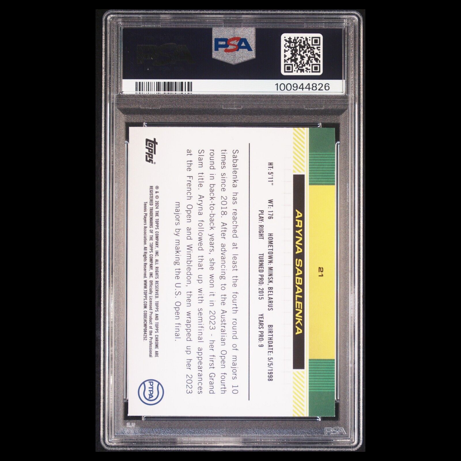 2024 Topps Chrome Sapphire Tennis ARYNA SABALENKA Blue Refractor  PSA 9 MINT