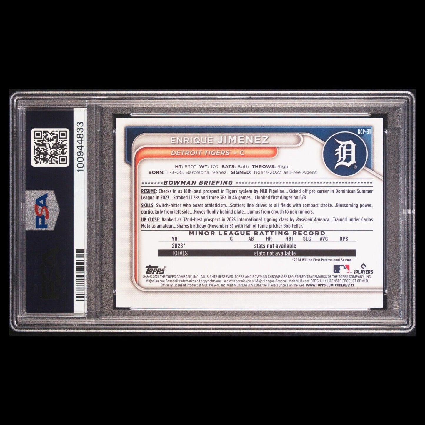 2024 Bowman Chrome Sapphire ENRIQUE JIMENEZ SSP Pink Padparadscha 1/1 1st PSA 9