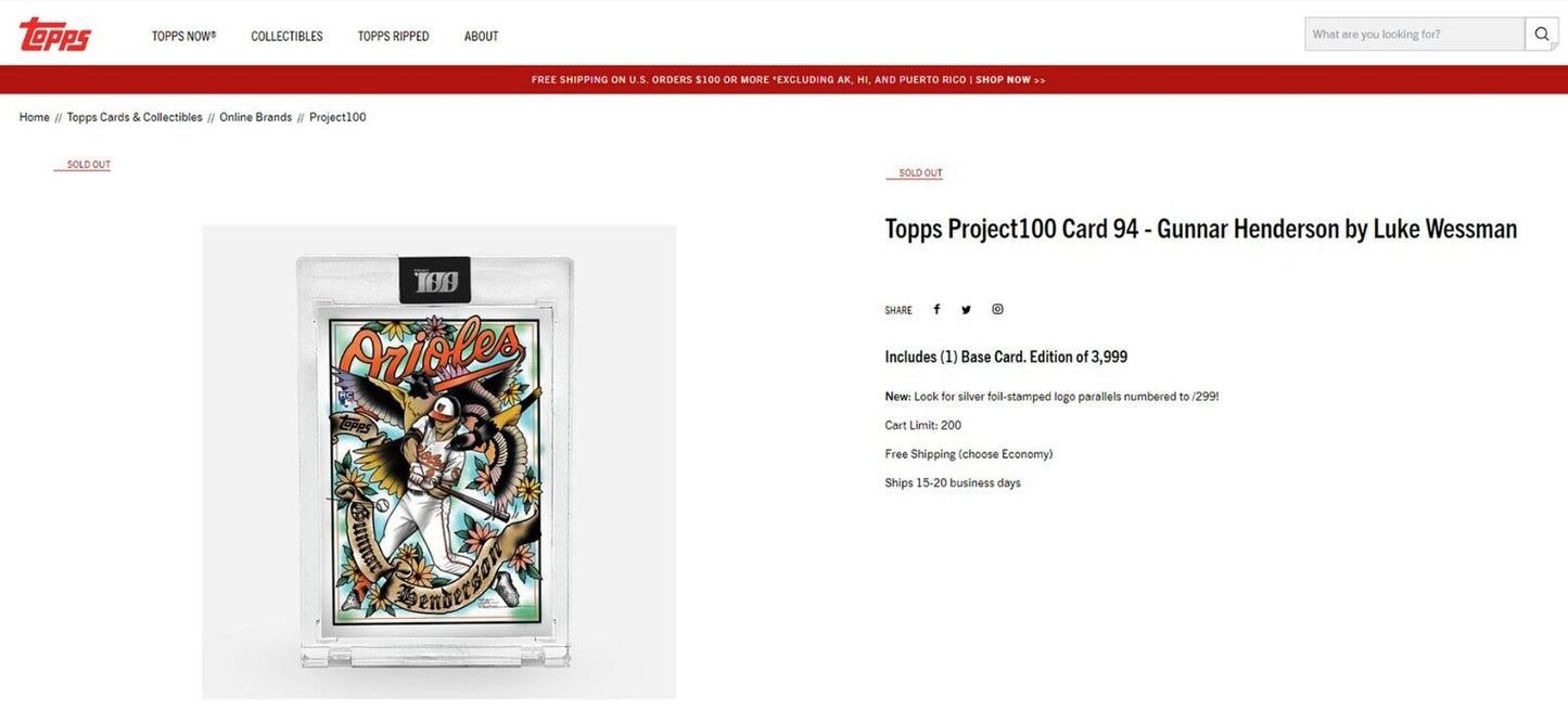 💥 2023 Topps Project100 GUNNAR HENDERSON RC MLB Luke Wessman SZN 4 /3999 #94