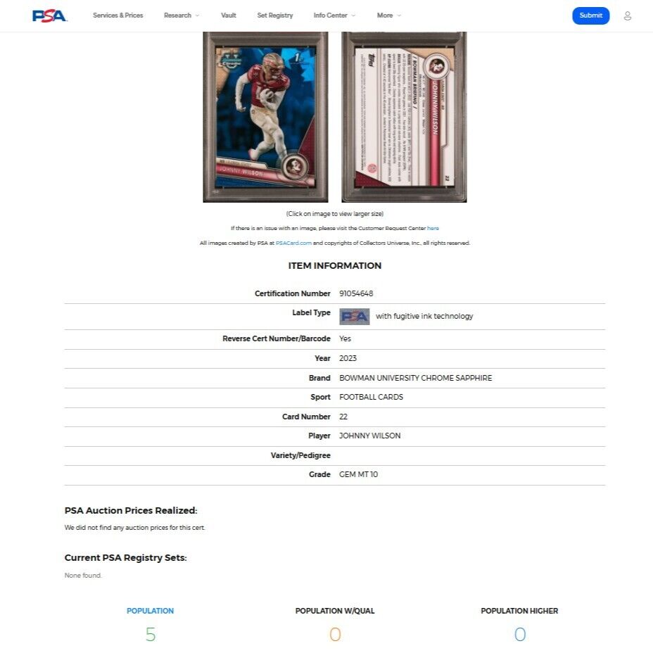 2023 Bowman Chrome U Sapphire JOHNNY WILSON 1st SP Blue Refractor PSA 10 GEM