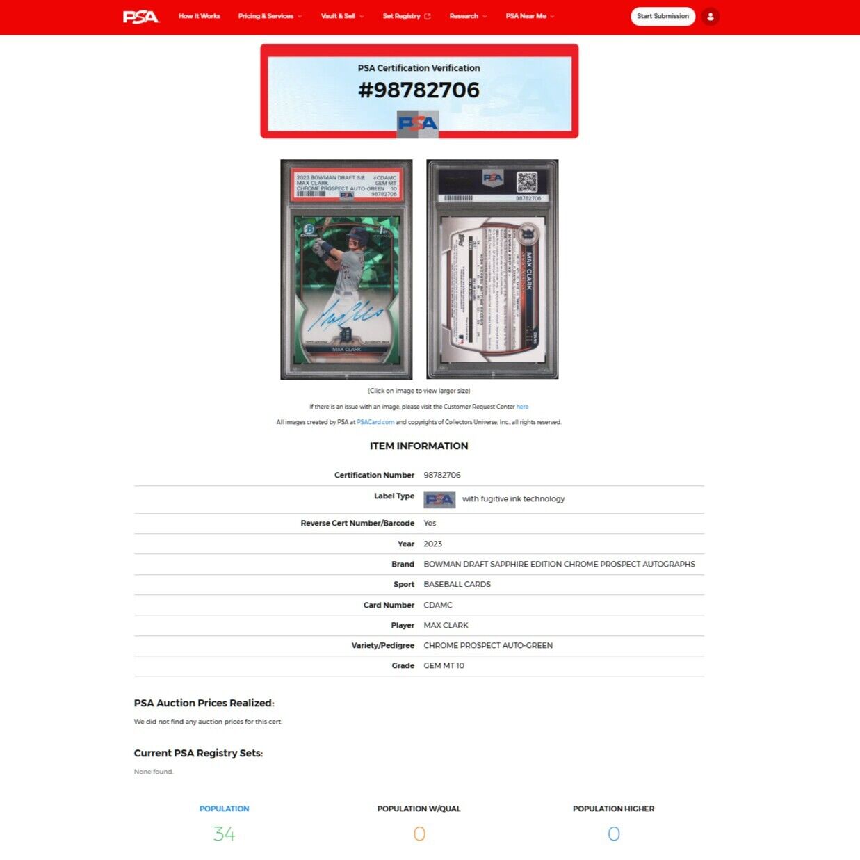 2023 Bowman Draft Sapphire MAX CLARK 1st SP Green Refractor Auto RC /99 PSA 10
