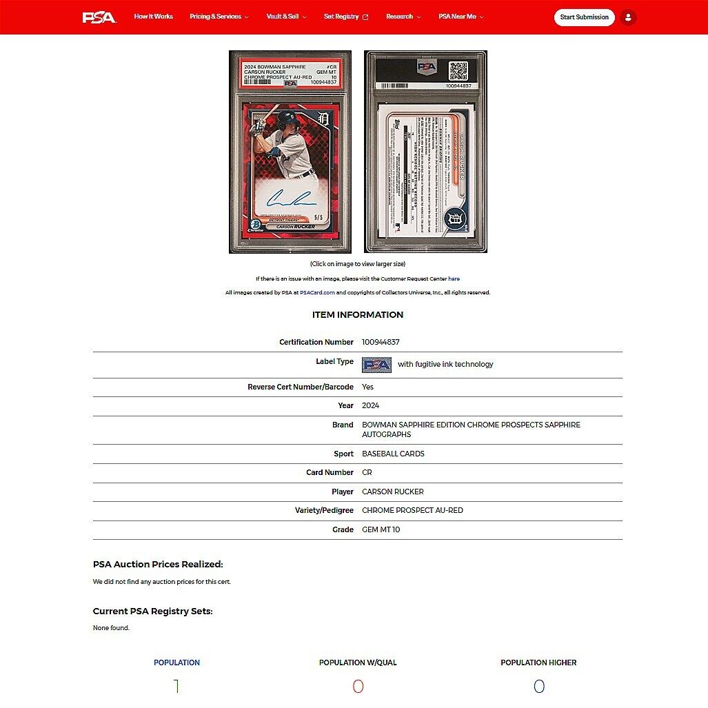 2024 Bowman Chrome Sapphire CARSON RUCKER 1st SSP Red Refractor Auto 5/5 PSA 10