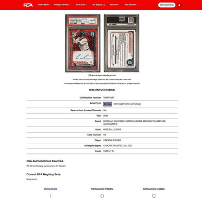 2024 Bowman Chrome Sapphire CARSON RUCKER 1st SSP Red Refractor Auto 5/5 PSA 10