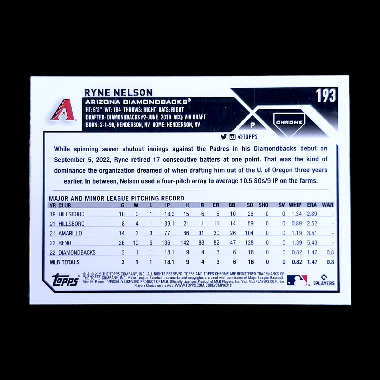 2023 Topps Chrome RYNE NELSON MLB Diamondbacks Pink Rookie Refractor RC #193