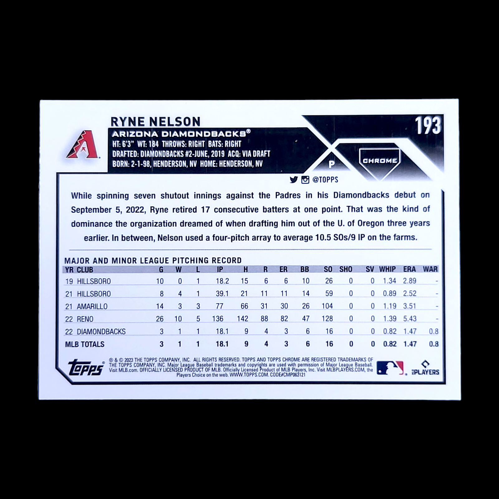 2023 Topps Chrome RYNE NELSON MLB Diamondbacks Pink Rookie Refractor RC #193