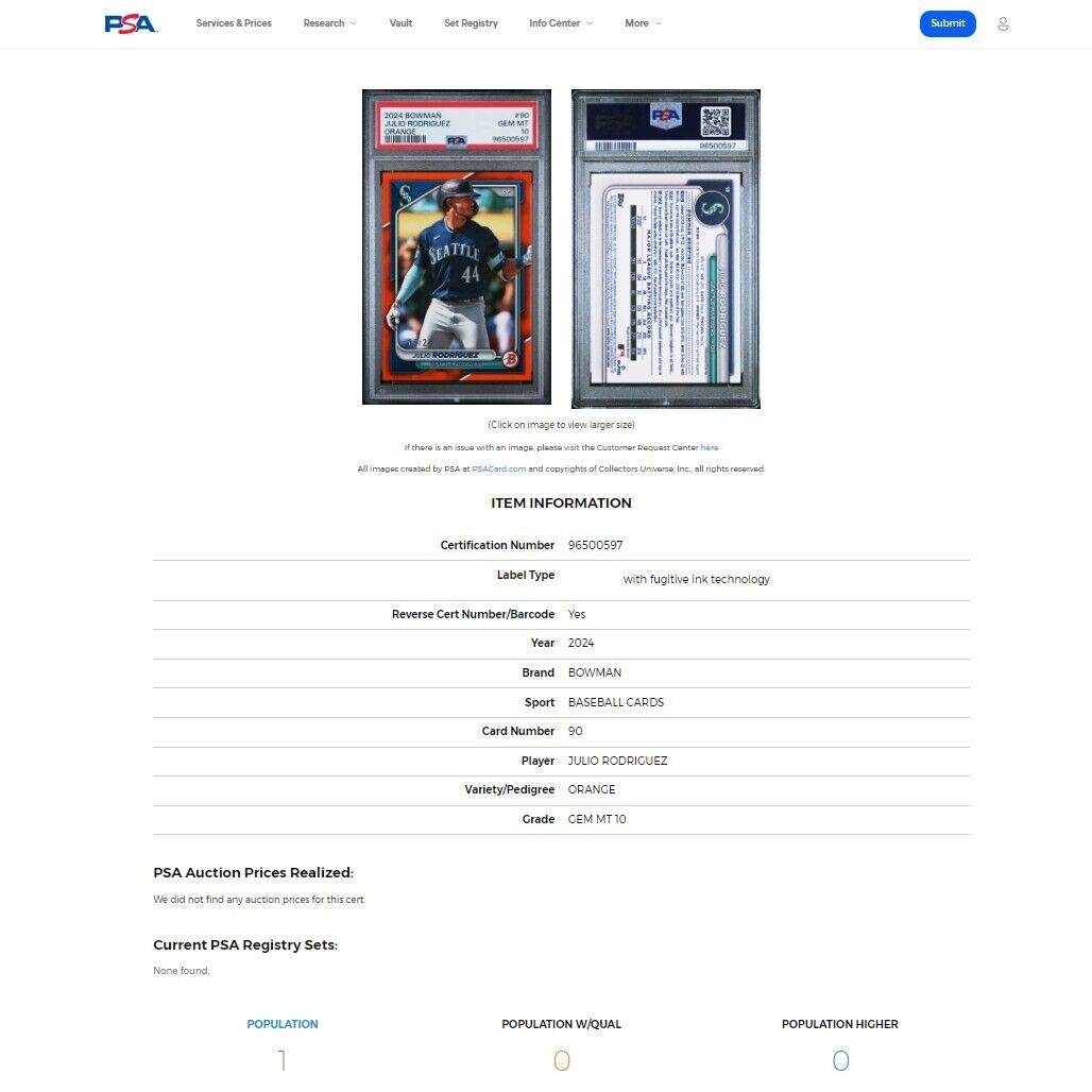 2024 Bowman JULIO RODRIGUEZ Mariners SP Orange Parallel /25 PSA 10 GEM MINT POP1
