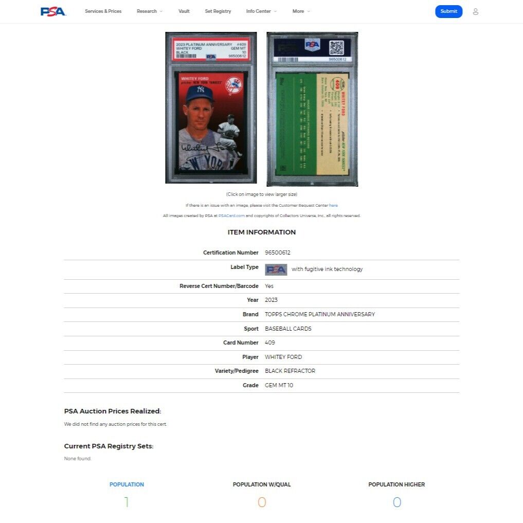 2023 Topps Chrome Platinum Anniversary WHITEY FORD Black Refractor /10 PSA 10