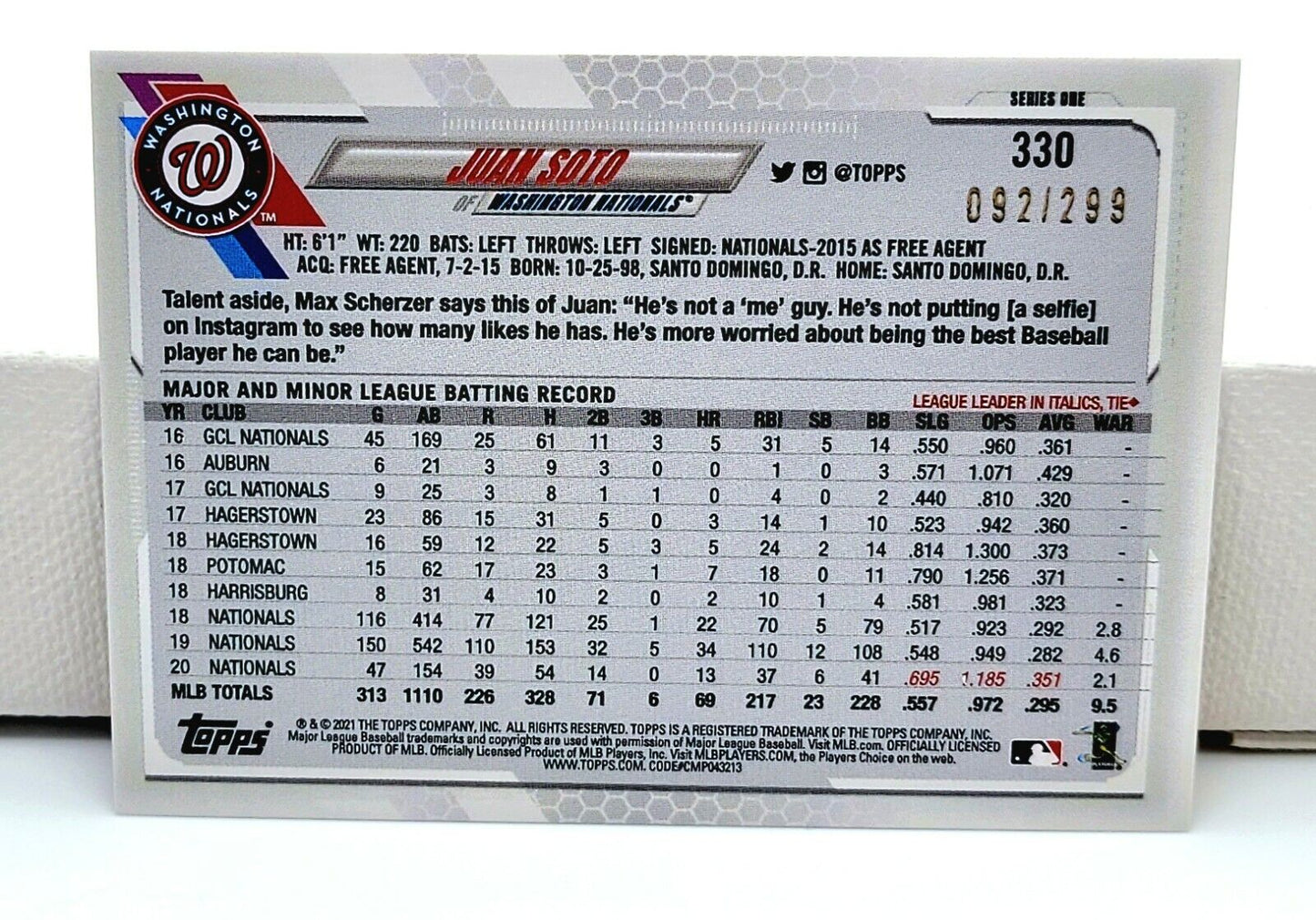 💥 2021 Topps Series 1 JUAN SOTO Nationals Orange Ice Foil Hologram /299 #330