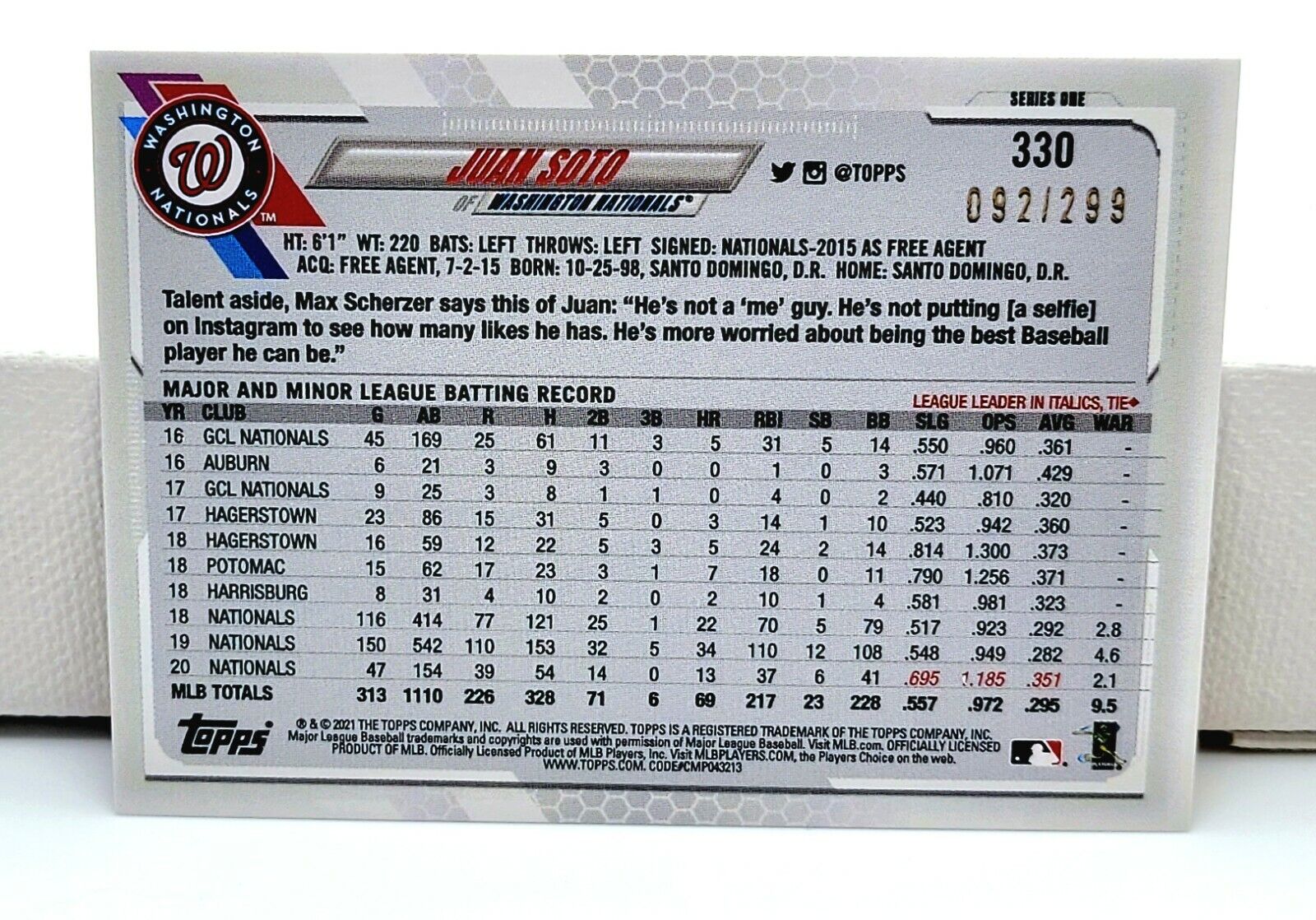 💥 2021 Topps Series 1 JUAN SOTO Nationals Orange Ice Foil Hologram /299 #330