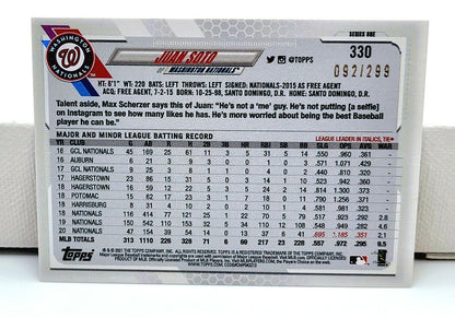 💥 2021 Topps Series 1 JUAN SOTO Nationals Orange Ice Foil Hologram /299 #330