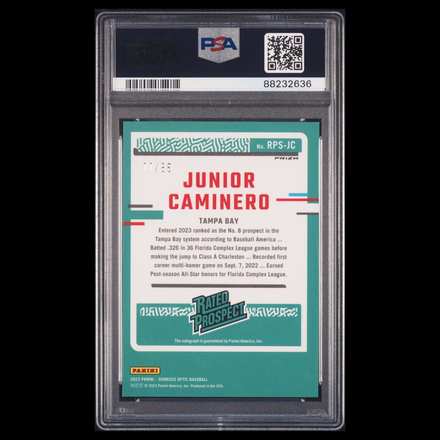 2023 Donruss Optic JUNIOR CAMINERO SP Orange PRIZM Rated Prospect Auto /85 PSA 9