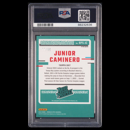 2023 Donruss Optic JUNIOR CAMINERO SP Orange PRIZM Rated Prospect Auto /85 PSA 9