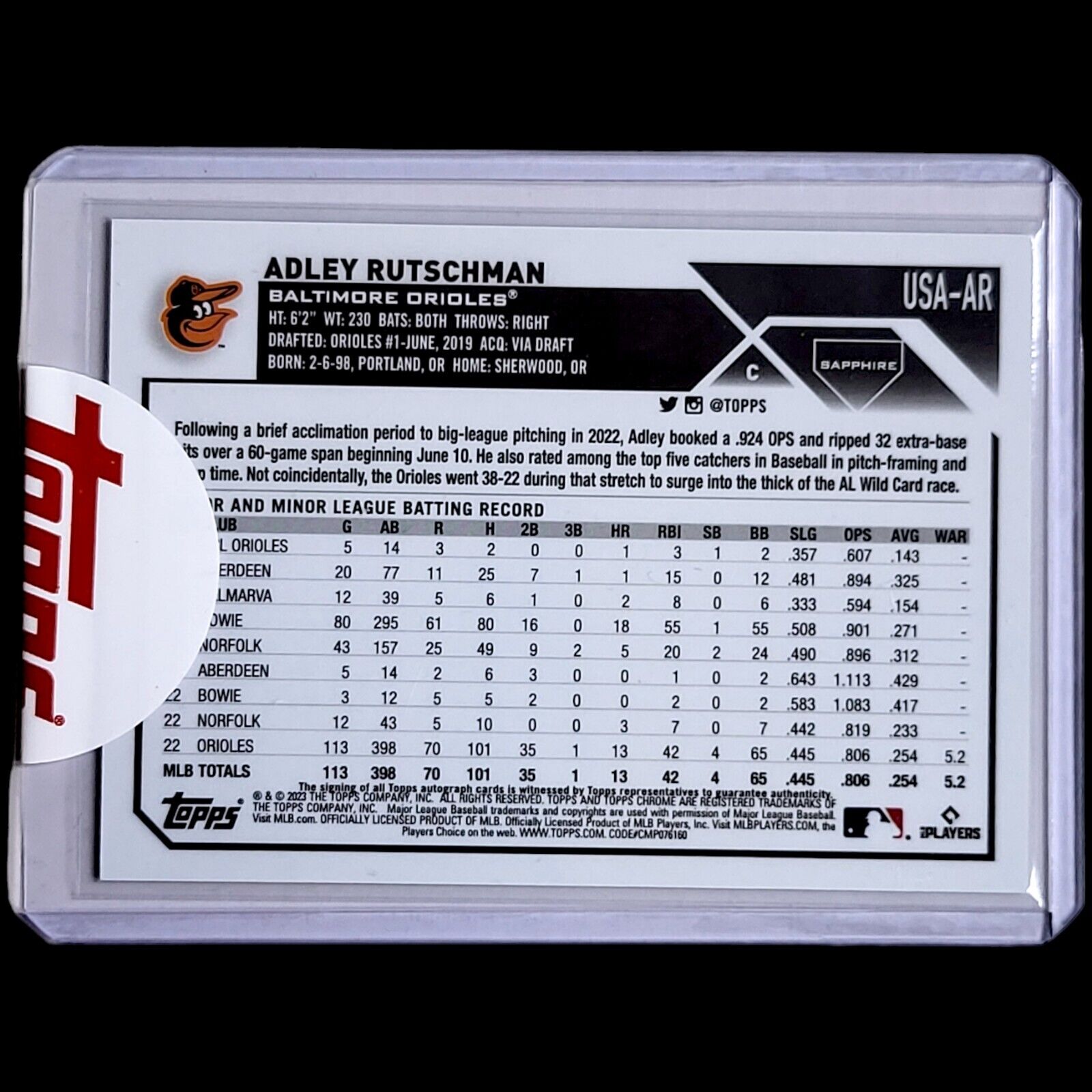 2023 Topps Chrome Update Sapphire ADLEY RUTSCHMAN Uncirculated Rookie Auto USAAR