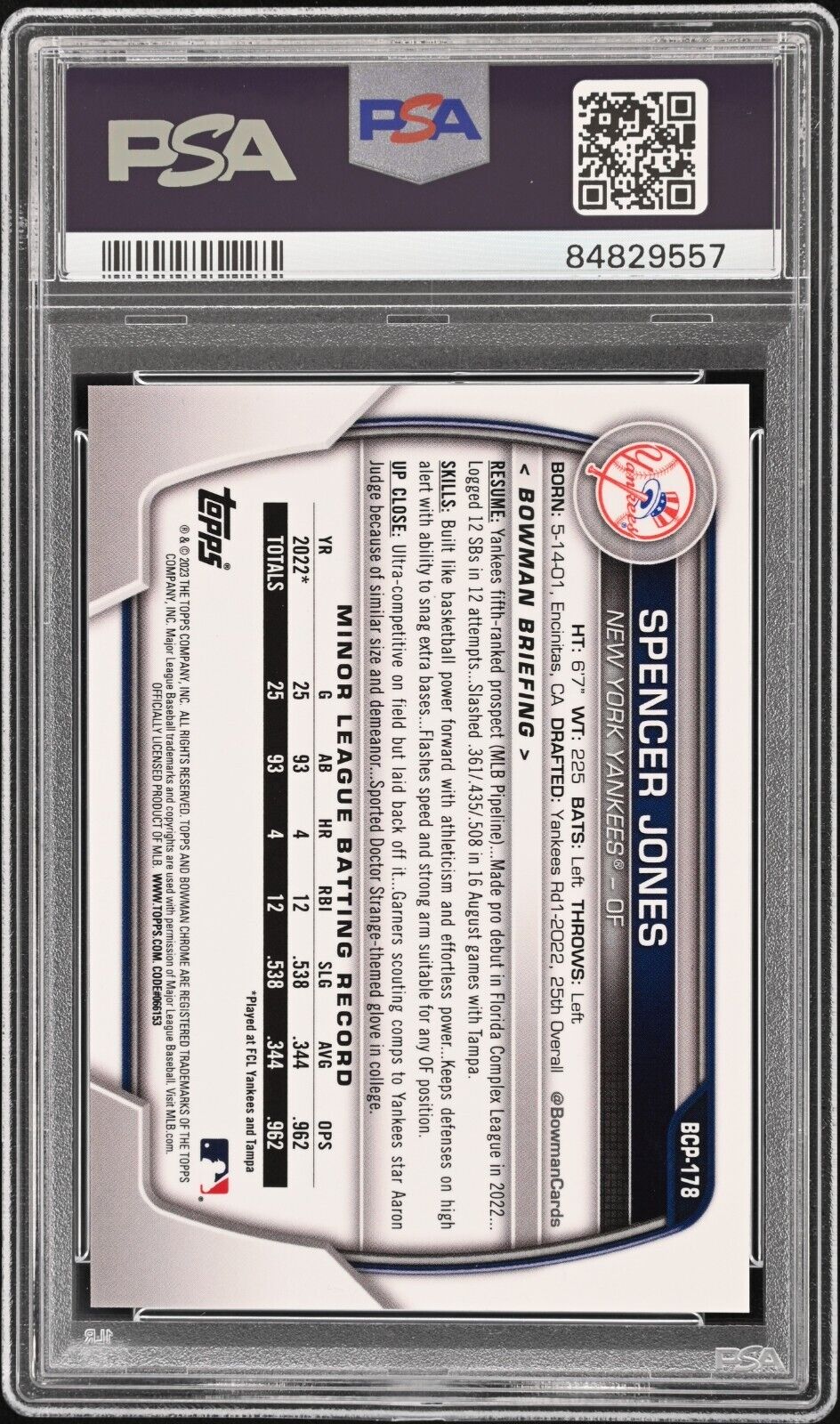 2023 Bowman Chrome Sapphire SPENCER JONES Orange SP Variation /75 PSA 10