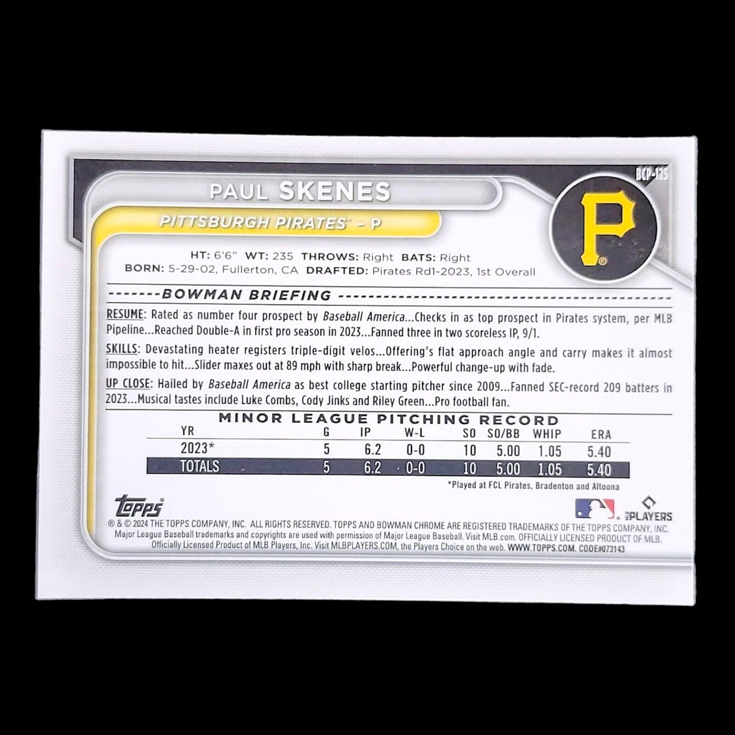 2024 Bowman Chrome PAUL SKENES Pittsburgh Pirates SP Chrome Rookie Card #BCP-125