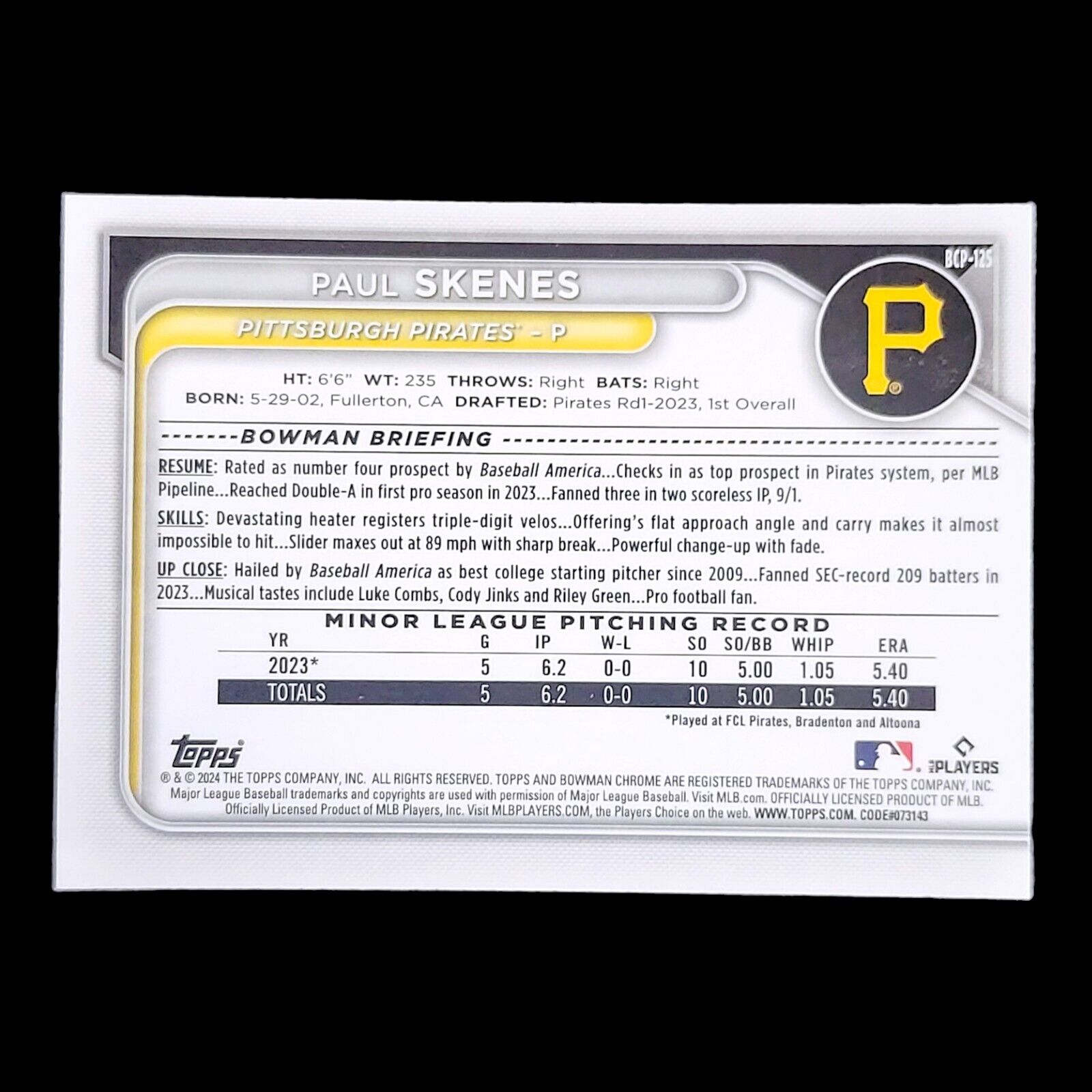 2024 Bowman Chrome PAUL SKENES Pittsburgh Pirates SP Chrome Rookie Card #BCP-125