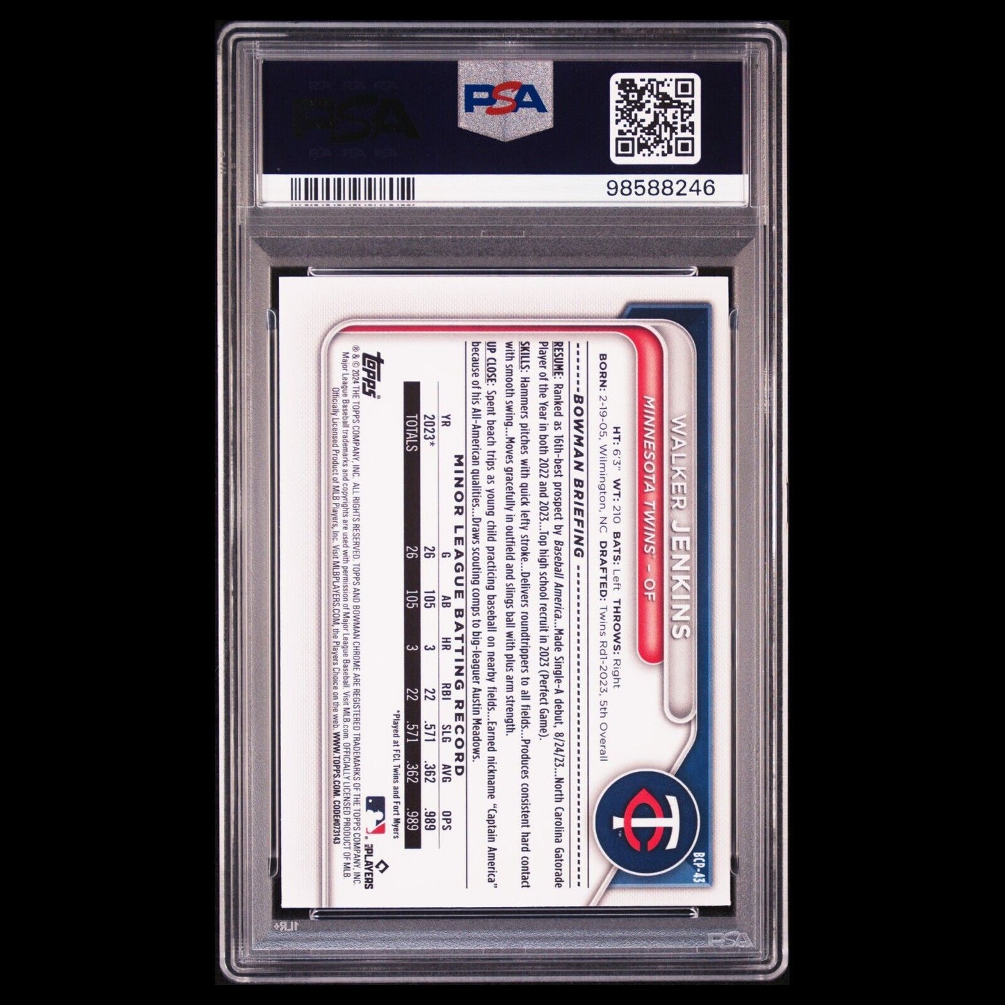 2024 Bowman Chrome Sapphire WALKER JENKINS 1st Bowman Refractor Rookie RC PSA 9