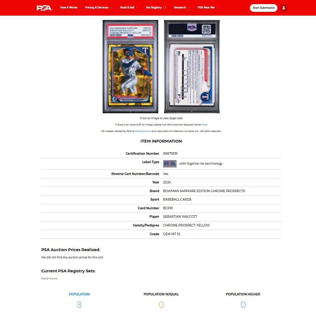 2024 Bowman Chrome Sapphire SEBASTIAN WALCOTT Yellow Refractor SP RC /75 PSA 10