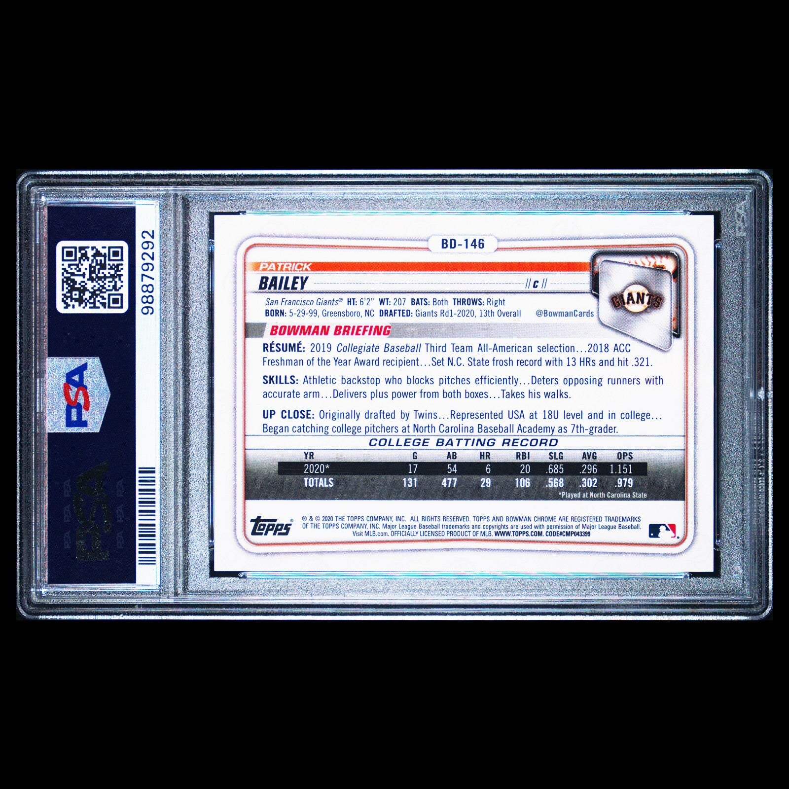 2020 Bowman Draft Chrome Sapphire PATRICK BAILEY Red 1st SSP /5 PSA 10 - POP 1