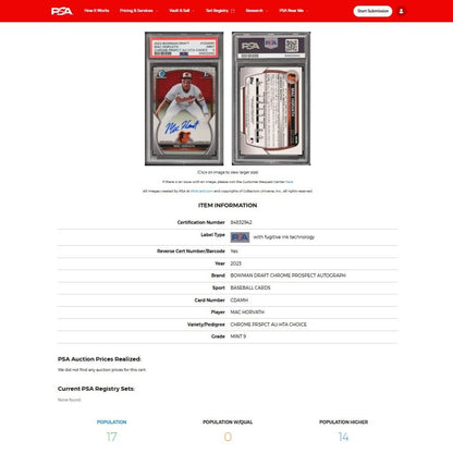 2023 Bowman Draft MAC HORVATH HTA Choice Mojo 1st Refractor Rookie RC /150 PSA 9