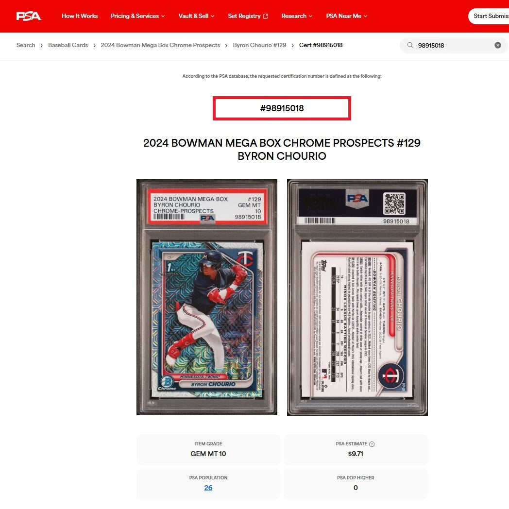 2024 Bowman Chrome BYRON CHOURIO 1st Bowman Mojo Refractor RC PSA 10 GEM