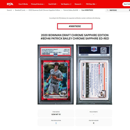 2020 Bowman Draft Chrome Sapphire PATRICK BAILEY Red 1st SSP /5 PSA 10 - POP 1