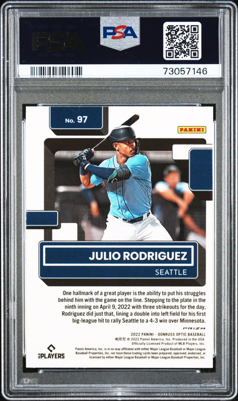 2022 Donruss Optic JULIO RODRIGUEZ MLB Rated Rookie Photon Prizm RC SSP PSA 9
