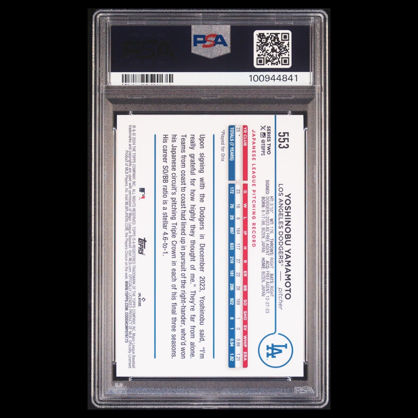 2024 Topps Series 1 YOSHINOBU YAMAMOTO SP Yellow Foil Rookie Card RC PSA 9 MINT