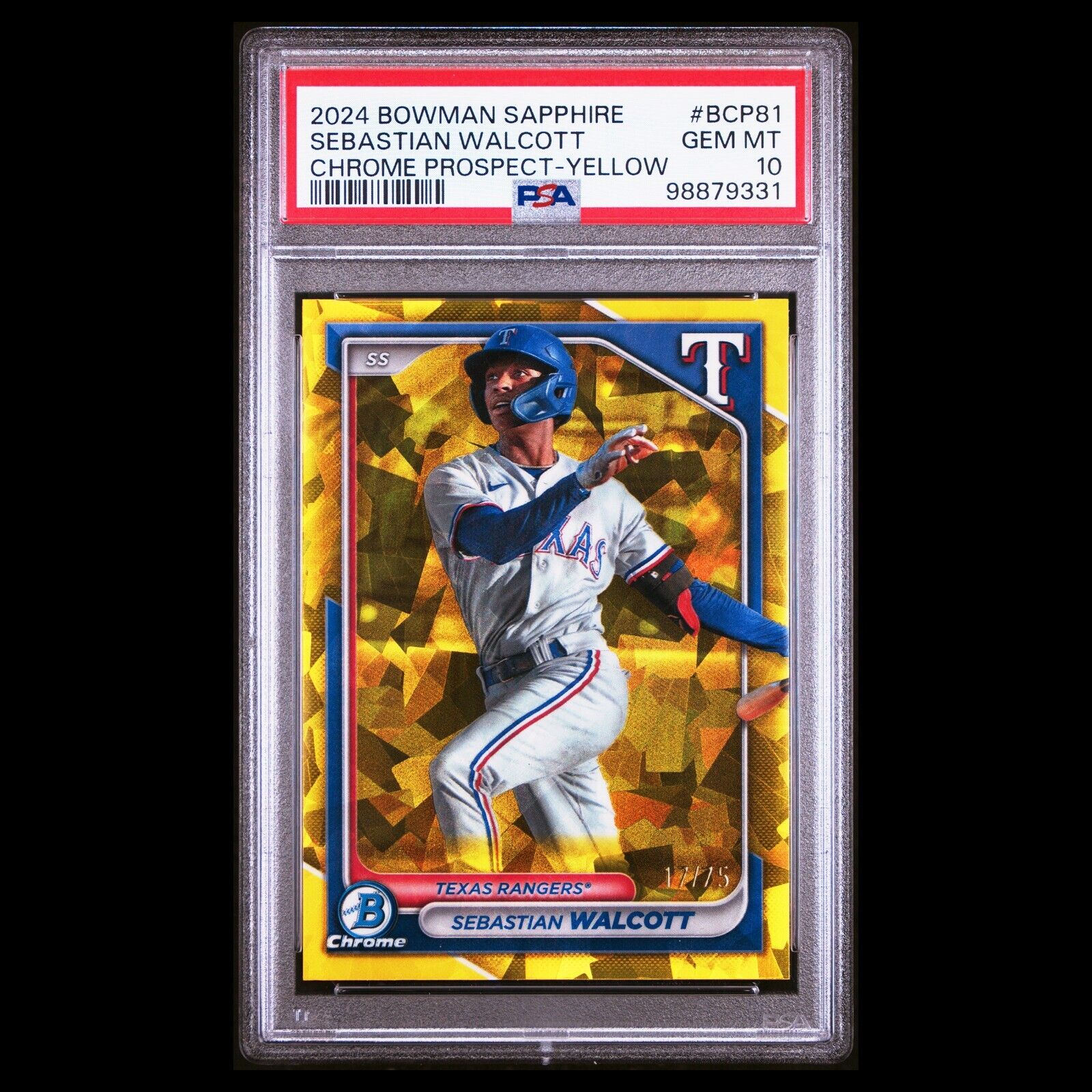 2024 Bowman Chrome Sapphire SEBASTIAN WALCOTT Yellow Refractor SP RC /75 PSA 10