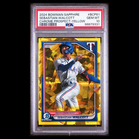 2024 Bowman Chrome Sapphire SEBASTIAN WALCOTT Yellow Refractor SP RC /75 PSA 10