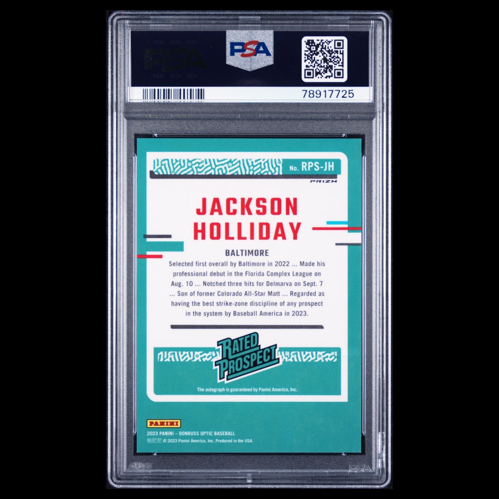 2023 Donruss Optic Holo JACKSON HOLLIDAY Rated Prospect Signatures Auto RC PSA 9