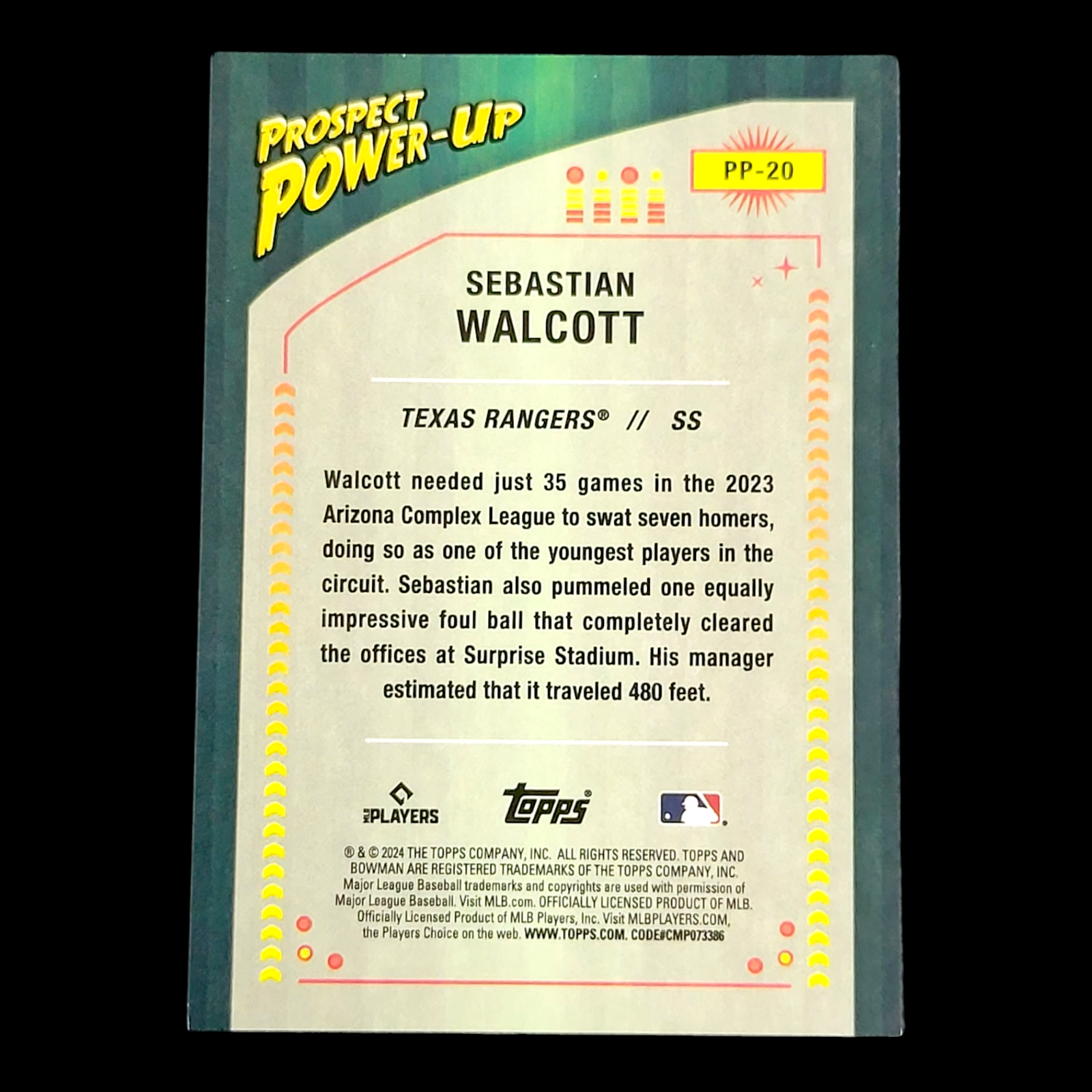2024 Bowman Chrome SEBASTIAN WALCOTT Prospect Power Blue Mojo Refractor RC /150