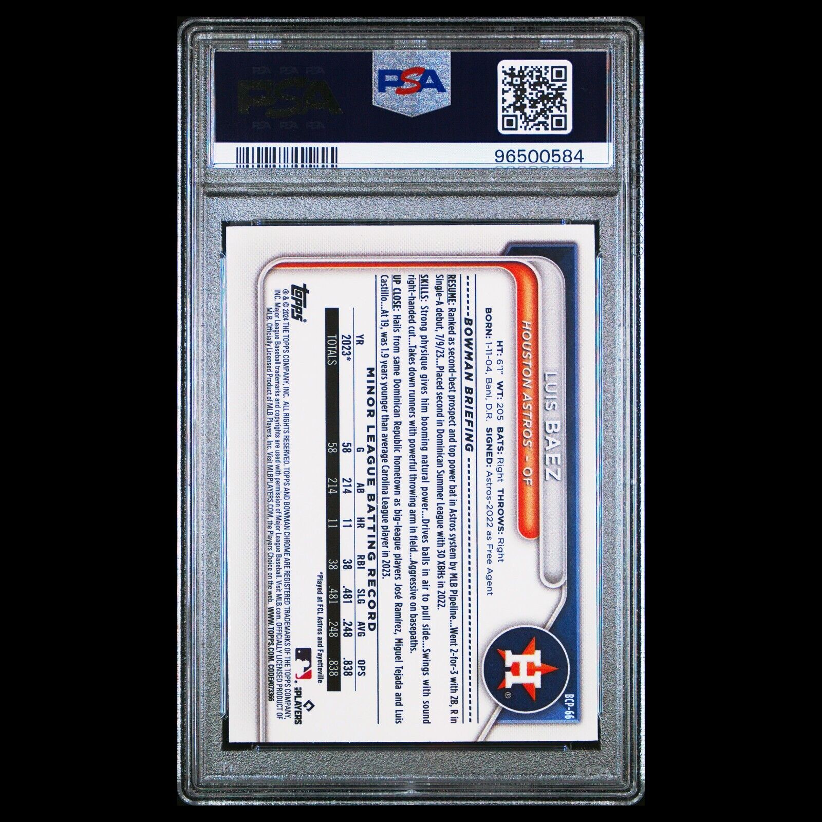 2024 Bowman Chrome LUIS BAEZ Astros SP 1st True Bowman Mojo Refractor RC PSA 10