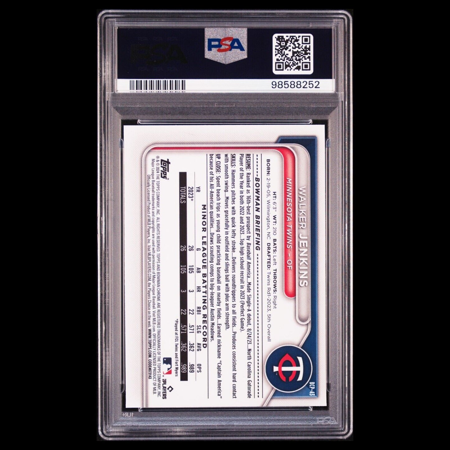 2024 Bowman Chrome Sapphire WALKER JENKINS 1st Bowman Refractor Rookie RC PSA 10