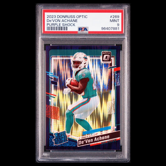 2023 Donruss Optic DE'VON ACHANE Miami SP Purple Shock PRIZM Rated Rookie PSA 9