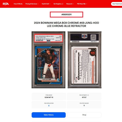 2024 Bowman Chrome JUNG-HOO LEE Giants SP Blue Mojo Refractor RC /150 PSA 10 GEM