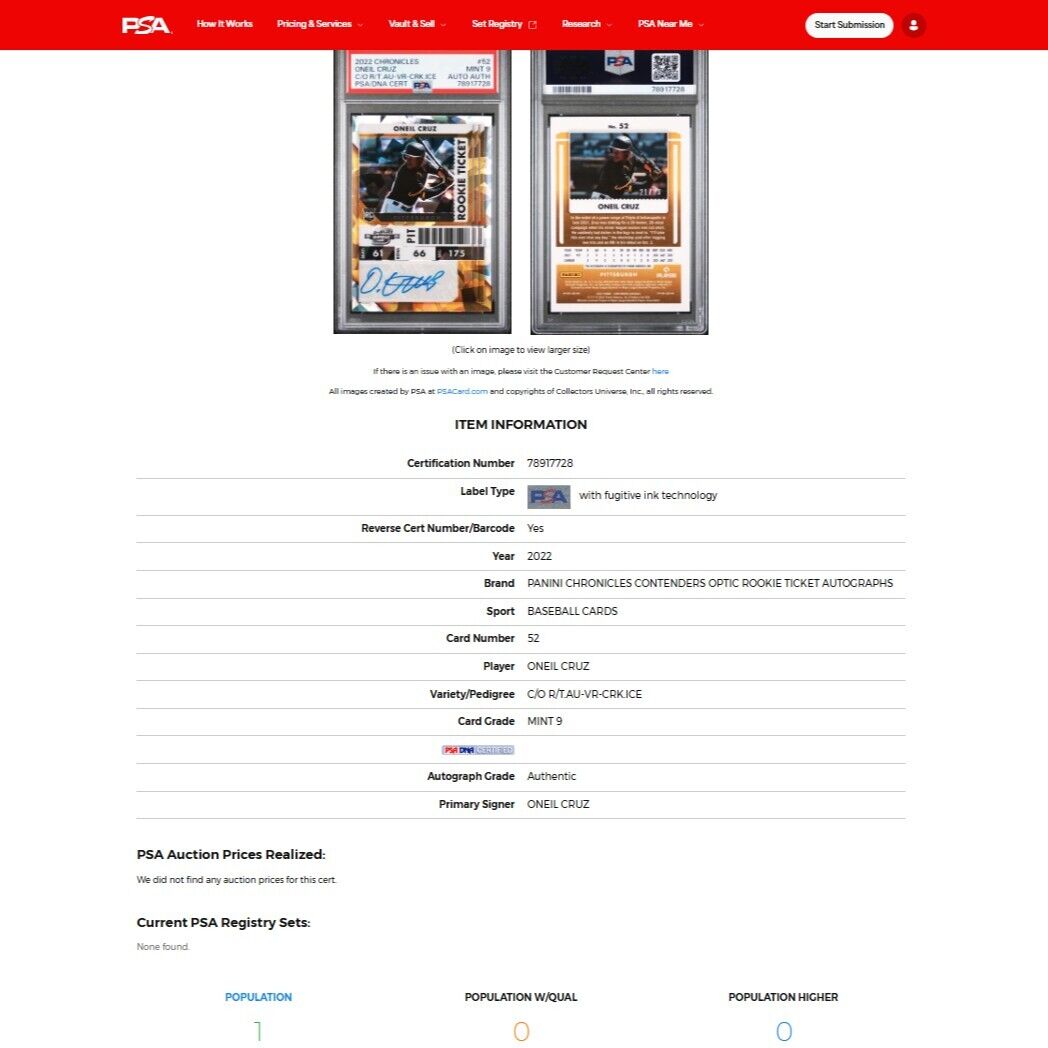 2022 Contenders Optic ONEIL CRUZ Variation Rookie Ticket Cracked Ice Auto /23